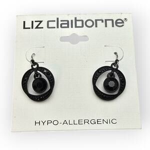 Black Art Deco Circle Drop Earrings Liz Claiborne Hypoallergenic Dangle Earrings
